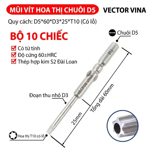 Mũi vít điện hoa thị 801/4C chuôi tròn 5mm thép S2 từ tính mạnh VECTOR VINA – D5*60*D3*25*T10