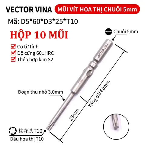 Mũi vít điện hoa thị 801/4C chuôi tròn 5mm thép S2 từ tính mạnh VECTOR VINA – D5*60*D3*25*T10