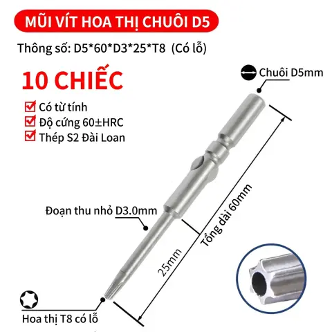 Mũi vít điện hoa thị 801/4C chuôi tròn 5mm thép S2 từ tính mạnh VECTOR VINA – D5*60*D3*25*T8