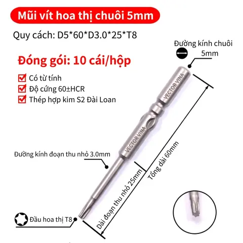Mũi vít điện hoa thị 801/4C chuôi tròn 5mm thép S2 từ tính mạnh VECTOR VINA – D5*60*D3*25*T8