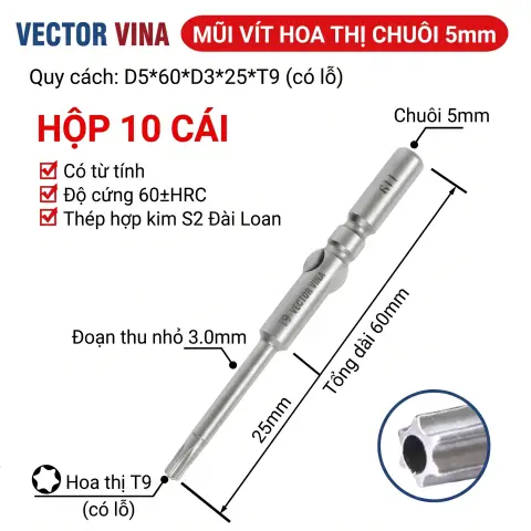 Mũi vít điện hoa thị 801/4C chuôi tròn 5mm thép S2 từ tính mạnh VECTOR VINA – D5*60*D3*25*T9