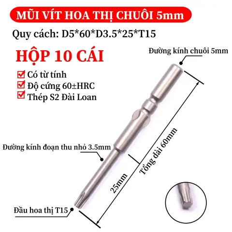 Mũi vít điện hoa thị 801/4C chuôi tròn 5mm thép S2 từ tính mạnh VECTOR VINA – D5*60*D3.5*25*T15