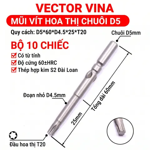 Mũi vít điện hoa thị 801/4C chuôi tròn 5mm thép S2 từ tính mạnh VECTOR VINA – D5*60*D4*25*T20
