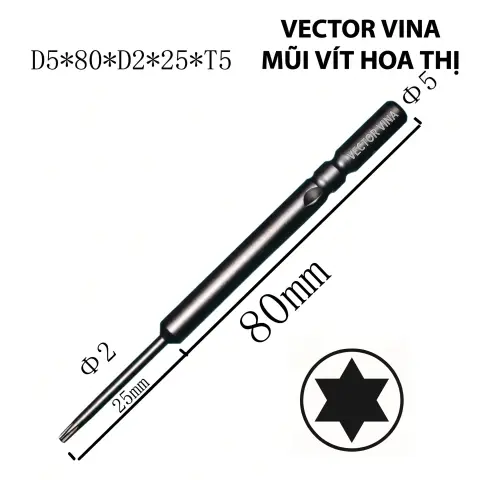 Mũi vít điện hoa thị 801/4C chuôi tròn 5mm thép S2 từ tính mạnh VECTOR VINA – D5*80*D2*25*T5