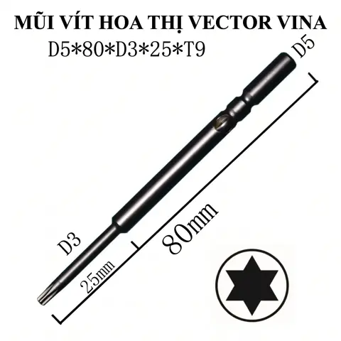 Mũi vít điện hoa thị 801/4C chuôi tròn 5mm thép S2 từ tính mạnh VECTOR VINA – D5*80*D3*25*T9
