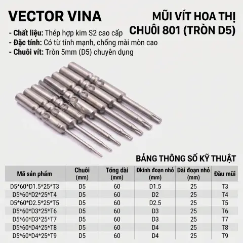 Mũi vít điện hoa thị 801/4C đường kính chuôi tròn 5mm VECTOR VINA T20 T15