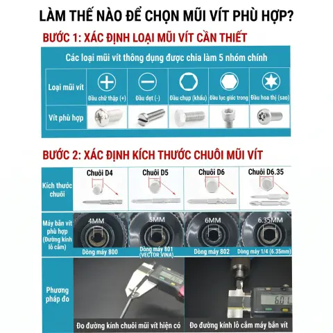 Hướng dẫn chọn loại mũi vít điện và kích thước chuôi 5mm cho máy vít 801