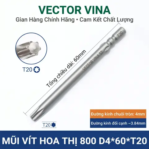 Mũi vít hoa thị 6 cạnh chuôi tròn 4mm (800) VECTOR VINA W800 dài 40-100mm (T1-T30) – D4*60*T20