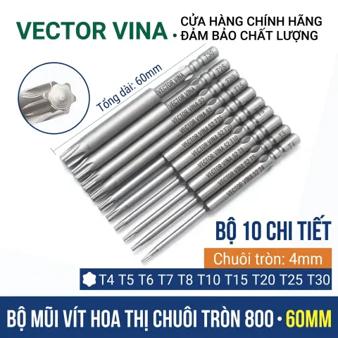 Mũi vít hoa thị 6 cạnh chuôi tròn 4mm (800) VECTOR VINA W800 dài 40-100mm (T1-T30) – Bộ 10 chi tiết dài 60mm
