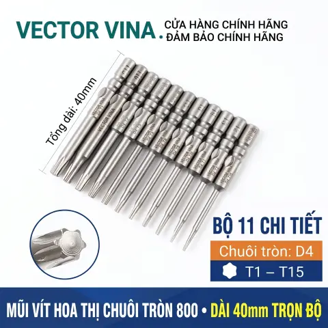 Mũi vít hoa thị 6 cạnh chuôi tròn 4mm (800) VECTOR VINA W800 dài 40-100mm (T1-T30) – Bộ 11 chi tiết dài 40mm