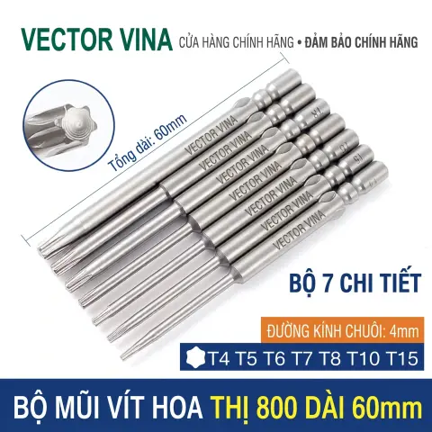 Mũi vít hoa thị 6 cạnh chuôi tròn 4mm (800) VECTOR VINA W800 dài 40-100mm (T1-T30) – Bộ 7 chi tiết dài 60mm