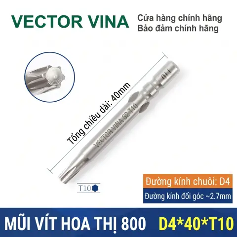 Mũi vít hoa thị 6 cạnh chuôi tròn 4mm (800) VECTOR VINA W800 dài 40-100mm (T1-T30) – D4*40*T10