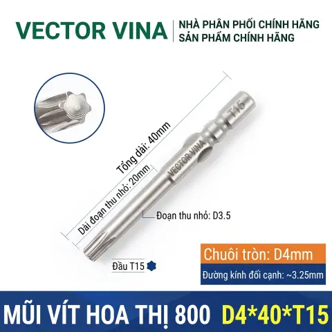 Mũi vít hoa thị 6 cạnh chuôi tròn 4mm (800) VECTOR VINA W800 dài 40-100mm (T1-T30) – D4*40*T15