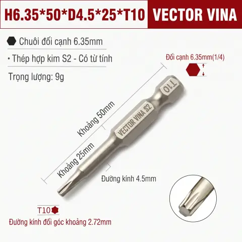 Mũi Vít Hoa Thị Đặc VECTOR VINA Thép S2 Mạ Điện Chuôi Lục Giác H6.35 (T5 - T40) – H6.35*50*D4.5*25*T10