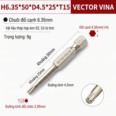 Mũi Vít Hoa Thị Đặc VECTOR VINA Thép S2 Mạ Điện Chuôi Lục Giác H6.35 (T5 - T40) – H6.35*50*D4.5*25*T15