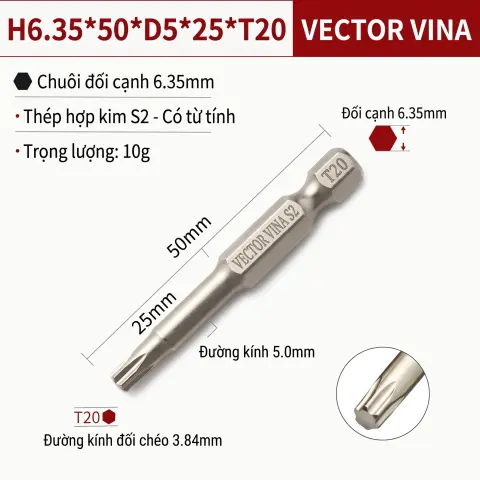 Mũi Vít Hoa Thị Đặc VECTOR VINA Thép S2 Mạ Điện Chuôi Lục Giác H6.35 (T5 - T40) – H6.35*50*D5*25*T20