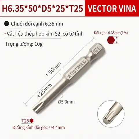 Mũi Vít Hoa Thị Đặc VECTOR VINA Thép S2 Mạ Điện Chuôi Lục Giác H6.35 (T5 - T40) – H6.35*50*D5*25*T25
