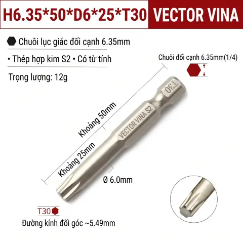 Mũi Vít Hoa Thị Đặc VECTOR VINA Thép S2 Mạ Điện Chuôi Lục Giác H6.35 (T5 - T40) – H6.35*50*D6*25*T30