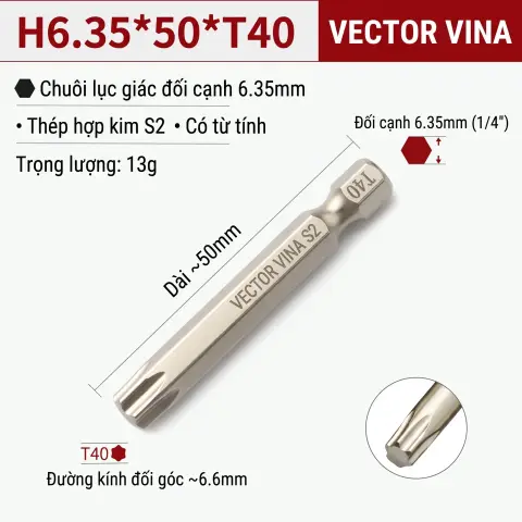 Mũi Vít Hoa Thị Đặc VECTOR VINA Thép S2 Mạ Điện Chuôi Lục Giác H6.35 (T5 - T40) – H6.35*50*T40