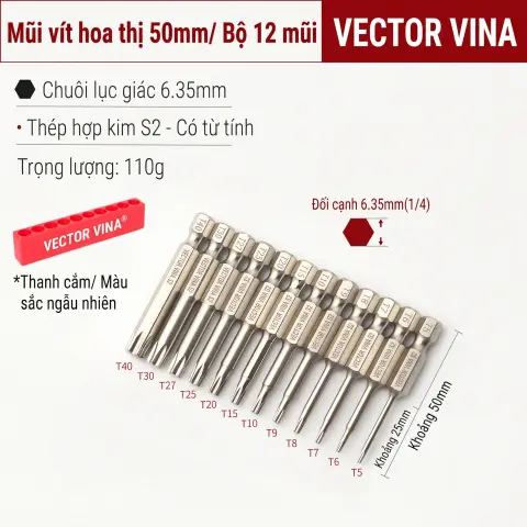 Mũi Vít Hoa Thị Đặc VECTOR VINA Thép S2 Mạ Điện Chuôi Lục Giác H6.35 (T5 - T40) – 50mm*T5-T40