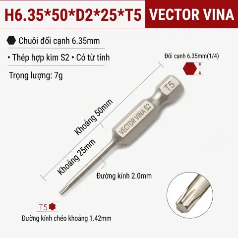 Mũi Vít Hoa Thị Đặc VECTOR VINA Thép S2 Mạ Điện Chuôi Lục Giác H6.35 (T5 - T40) – H6.35*50*D2*25*T5