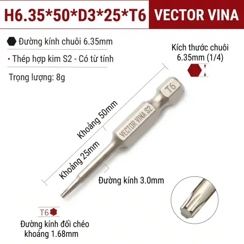 Mũi Vít Hoa Thị Đặc VECTOR VINA Thép S2 Mạ Điện Chuôi Lục Giác H6.35 (T5 - T40) – H6.35*50*D3*25*T6