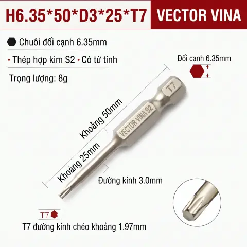 Mũi Vít Hoa Thị Đặc VECTOR VINA Thép S2 Mạ Điện Chuôi Lục Giác H6.35 (T5 - T40) – H6.35*50*D3*25*T7