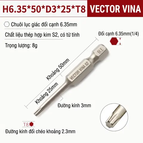 Mũi Vít Hoa Thị Đặc VECTOR VINA Thép S2 Mạ Điện Chuôi Lục Giác H6.35 (T5 - T40) – H6.35*50*D3*25*T8