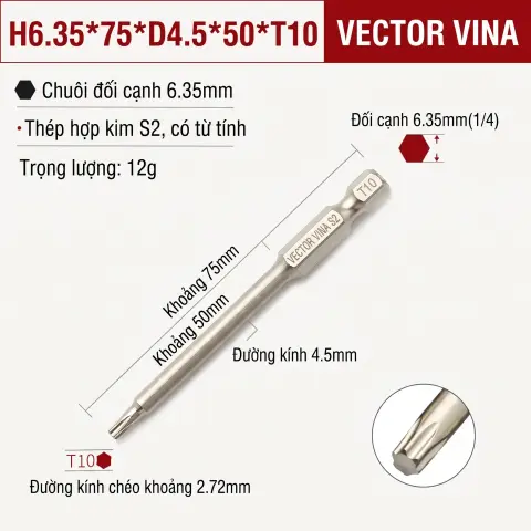 Mũi Vít Hoa Thị Đặc VECTOR VINA Thép S2 Mạ Điện Chuôi Lục Giác H6.35 (T5 - T40) – H6.35*75*D4.5*50*T10