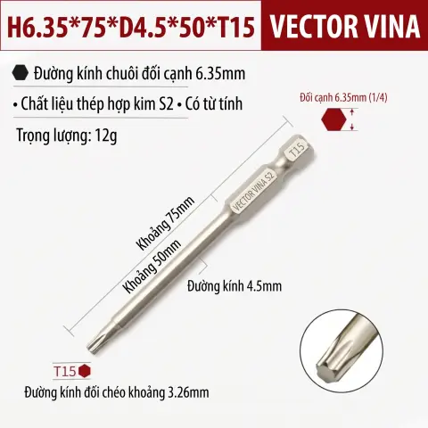 Mũi Vít Hoa Thị Đặc VECTOR VINA Thép S2 Mạ Điện Chuôi Lục Giác H6.35 (T5 - T40) – H6.35*75*D4.5*50*T15