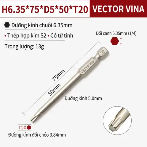 Mũi Vít Hoa Thị Đặc VECTOR VINA Thép S2 Mạ Điện Chuôi Lục Giác H6.35 (T5 - T40) – H6.35*75*D5*50*T20
