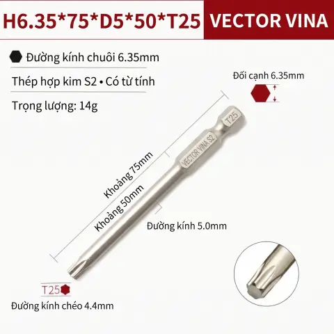 Mũi Vít Hoa Thị Đặc VECTOR VINA Thép S2 Mạ Điện Chuôi Lục Giác H6.35 (T5 - T40) – H6.35*75*D5*50*T25