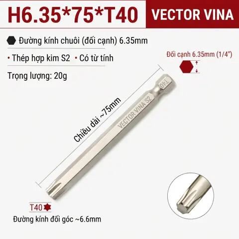 Mũi Vít Hoa Thị Đặc VECTOR VINA Thép S2 Mạ Điện Chuôi Lục Giác H6.35 (T5 - T40) – H6.35*75*T40