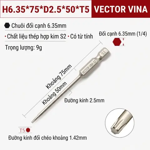 Mũi Vít Hoa Thị Đặc VECTOR VINA Thép S2 Mạ Điện Chuôi Lục Giác H6.35 (T5 - T40) – H6.35*75*D2.5*50*T5
