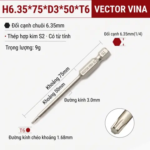 Mũi Vít Hoa Thị Đặc VECTOR VINA Thép S2 Mạ Điện Chuôi Lục Giác H6.35 (T5 - T40) – H6.35*75*D3*50*T6