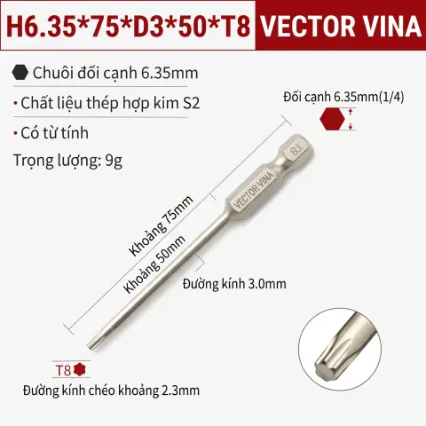 Mũi Vít Hoa Thị Đặc VECTOR VINA Thép S2 Mạ Điện Chuôi Lục Giác H6.35 (T5 - T40) – H6.35*75*D3*50*T8