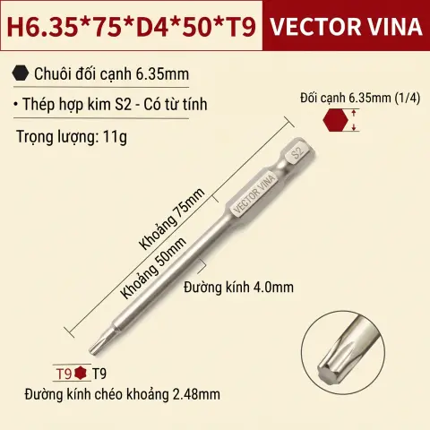 Mũi Vít Hoa Thị Đặc VECTOR VINA Thép S2 Mạ Điện Chuôi Lục Giác H6.35 (T5 - T40) – H6.35*75*D4*50*T9