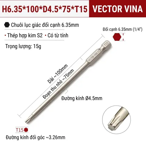 Mũi Vít Hoa Thị Đặc VECTOR VINA Thép S2 Mạ Điện Chuôi Lục Giác H6.35 (T5 - T40) – 100mm*T15