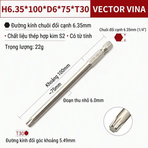 Mũi Vít Hoa Thị Đặc VECTOR VINA Thép S2 Mạ Điện Chuôi Lục Giác H6.35 (T5 - T40) – 100mm*T30
