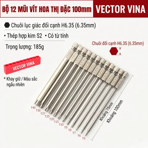 Mũi Vít Hoa Thị Đặc VECTOR VINA Thép S2 Mạ Điện Chuôi Lục Giác H6.35 (T5 - T40) – 100mm*T5-T40