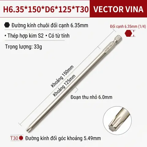 Mũi Vít Hoa Thị Đặc VECTOR VINA Thép S2 Mạ Điện Chuôi Lục Giác H6.35 (T5 - T40) – 150mm*T30