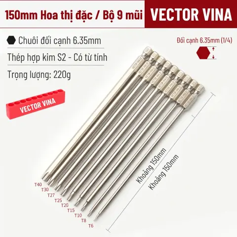 Mũi Vít Hoa Thị Đặc VECTOR VINA Thép S2 Mạ Điện Chuôi Lục Giác H6.35 (T5 - T40) – 150mm*T6-T40