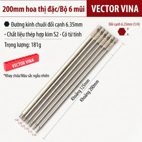 Mũi Vít Hoa Thị Đặc VECTOR VINA Thép S2 Mạ Điện Chuôi Lục Giác H6.35 (T5 - T40) – 200mm*T10-T40