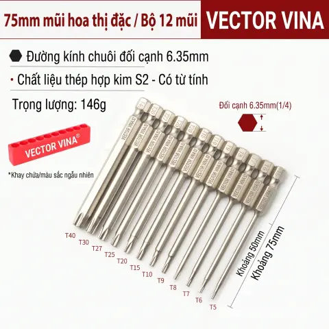 Mũi Vít Hoa Thị Đặc VECTOR VINA Thép S2 Mạ Điện Chuôi Lục Giác H6.35 (T5 - T40) – 75mm*T5-T40