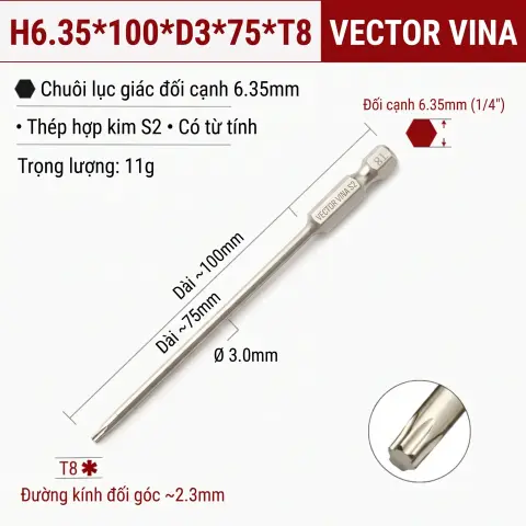Mũi Vít Hoa Thị Đặc VECTOR VINA Thép S2 Mạ Điện Chuôi Lục Giác H6.35 (T5 - T40) – H6.35*100*D3*75*T8