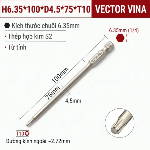Mũi Vít Hoa Thị Đặc VECTOR VINA Thép S2 Mạ Điện Chuôi Lục Giác H6.35 (T5 - T40) – H6.35*100*D4.5*75*T10