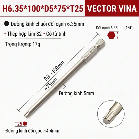 Mũi Vít Hoa Thị Đặc VECTOR VINA Thép S2 Mạ Điện Chuôi Lục Giác H6.35 (T5 - T40) – H6.35*100*D5*75*T25