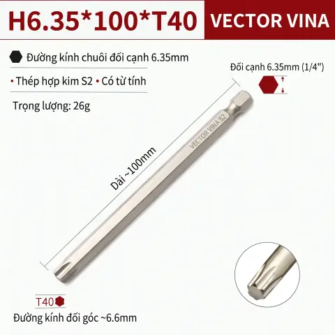 Mũi Vít Hoa Thị Đặc VECTOR VINA Thép S2 Mạ Điện Chuôi Lục Giác H6.35 (T5 - T40) – H6.35*100*T40