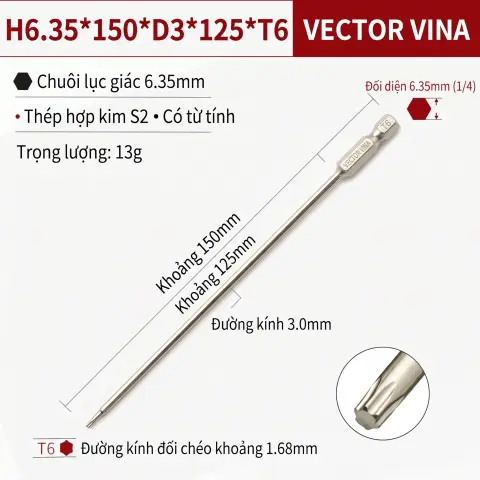 Mũi Vít Hoa Thị Đặc VECTOR VINA Thép S2 Mạ Điện Chuôi Lục Giác H6.35 (T5 - T40) – H6.35*150*D3*125*T6