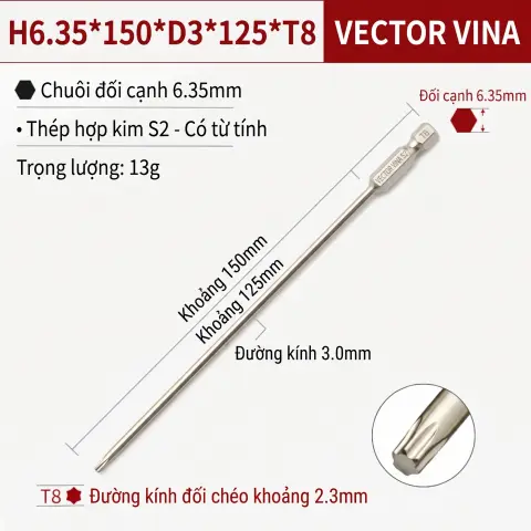 Mũi Vít Hoa Thị Đặc VECTOR VINA Thép S2 Mạ Điện Chuôi Lục Giác H6.35 (T5 - T40) – H6.35*150*D3*125*T8